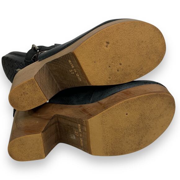 Free People Clogs Sz 37 US 6.5 7 Amber Orchard Clog Wood Platform Leather Black - Picture 7 of 13